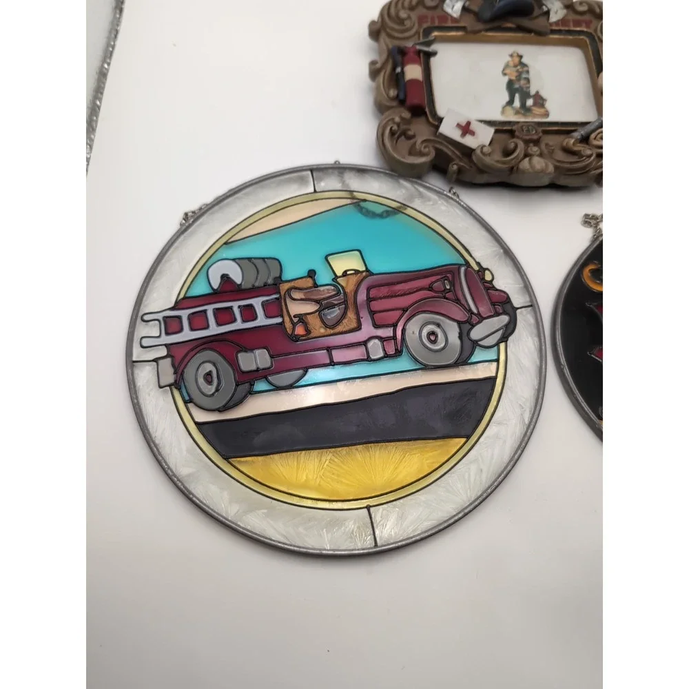 Genuine Antique Fireman Picture‎ Frame Stained Glass (Gift For Your Fireman) Lot